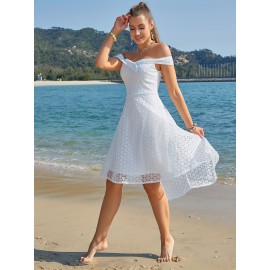 Off-shoulder High-low Dress, Elegant Sweetheart Neck Natural Waist Lace Dress, Women's Clothing