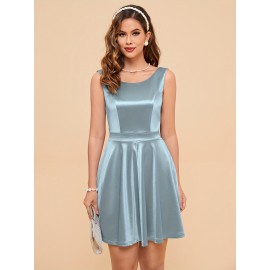 Mini Bow Back Solid Satin Fit and Flare Sleeveless Dress - Elegant Party and Banquet Outfit for Women - Perfect for Birthday, Wedding, and Engagement Occasions