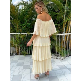 Solid Off-shoulder Tiered Dress, Elegant Straight Neck Ankle Length Dress, Women's Clothing