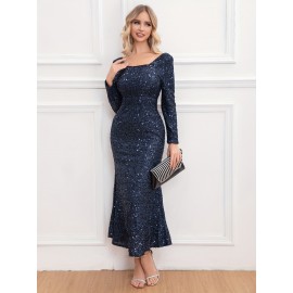 1pc Elegant Sequined Backless Maxi Dress for Women, Polyester Knit Fabric, Square Neckline, Solid Color, Versatile for All Seasons, Mother'S Wedding Party Gown