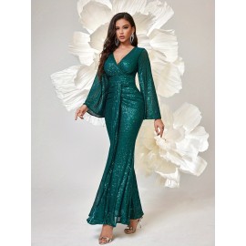 Long Sleeve Shiny Sequin V-neck Elegant Mermaid Hem Formal Dress for Party & Banquet, Women's Clothing