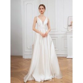 Elegant V-Neck Sleeveless A-Line Wedding Gown with Pencil Skirt and Exposed Back