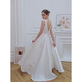 Elegant V-Neck Sleeveless A-Line Wedding Gown with Pencil Skirt and Exposed Back
