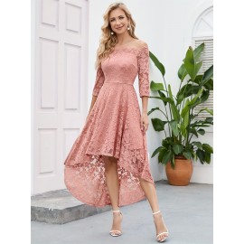 3/4 Sleeves Lace High-Low Off Shoulder Bridesmaid Dress, Cocktail Party Dress for Church Wedding Guest Formal Party