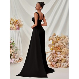 Elegant Spaghetti Strap Backless Gown with Thigh-High Slit - Perfect for Parties & Formal Events, Women's Evening Dress