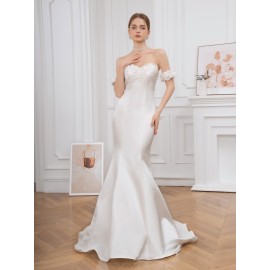 Elegant Off-Shoulder Ruffle Hem Wedding Dress - Exquisite Tie Back Wedding Party Gown for Women - Formal Evening, Occasion, Engagement, Ceremony, and Reception Wear