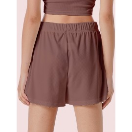 Sold Ribbed Elastic Waist Shorts, Casual Basic Shorts For Summer & Spring, Women's Clothing