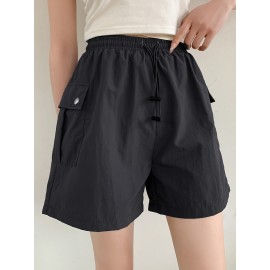 Summer Chic Drawstring Cargo Shorts - Comfortable Polyamide Fabric, Machine Washable, Solid Color, Casual Style for Women - Perfect for Outdoor Activities