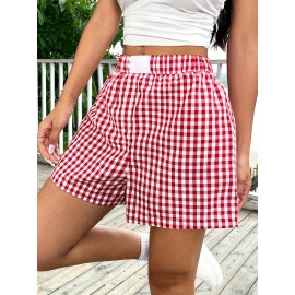 Plaid Elastic Waist Shorts, Casual Shorts For Spring & Summer, Women's Clothing