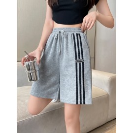 Women's Casual Sporty Shorts - Loose Fit, Mid-Rise with Drawstring Waistband, Breathable Polyester, Letter Print Design for Spring/Summer/Fall
