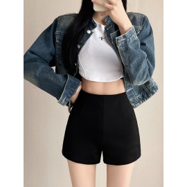 Solid Color Slim Shorts, Casual High Waist Shorts For Spring & Summer, Women's Clothing