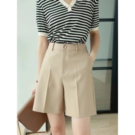 Button Front High Waist Shorts, Casual Solid Color Slant Pockets Loose Shorts For Spring & Summer, Women's Clothing