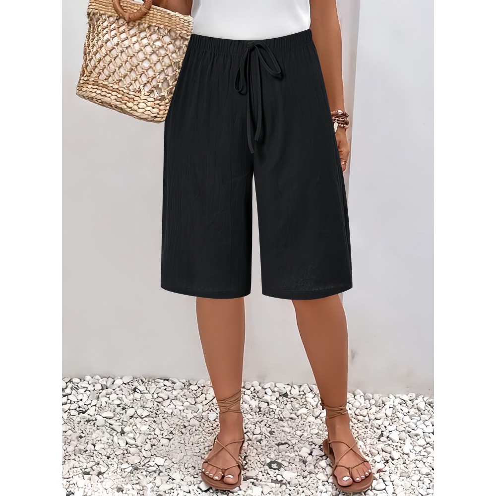 1pc Women'S Casual Polyester Shorts, Solid Color, All-Season, Woven Fabric, with Fake Drawstring Detail 1pc Women'S Casual Polyester Shorts, Solid Color, All-Season, Woven Fabric, with Fake Drawstring Detail