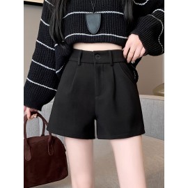 Elegant High-Waist Fleece Shorts for Women - Slimming A-Line Fit, Perfect for Fall & Winter with Pockets