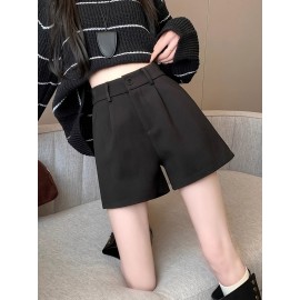Elegant High-Waist Fleece Shorts for Women - Slimming A-Line Fit, Perfect for Fall & Winter with Pockets