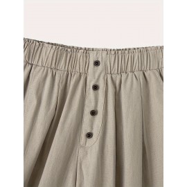 Women's Casual Cotton Shorts with Elastic Waistband and Decorative Buttons - Loose Fit, Solid Color, Machine Washable