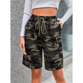 Camo Print Patched Pockets Shorts, Casual Elastic Waist Drawstring Shorts For Spring & Summer, Women's Clothing