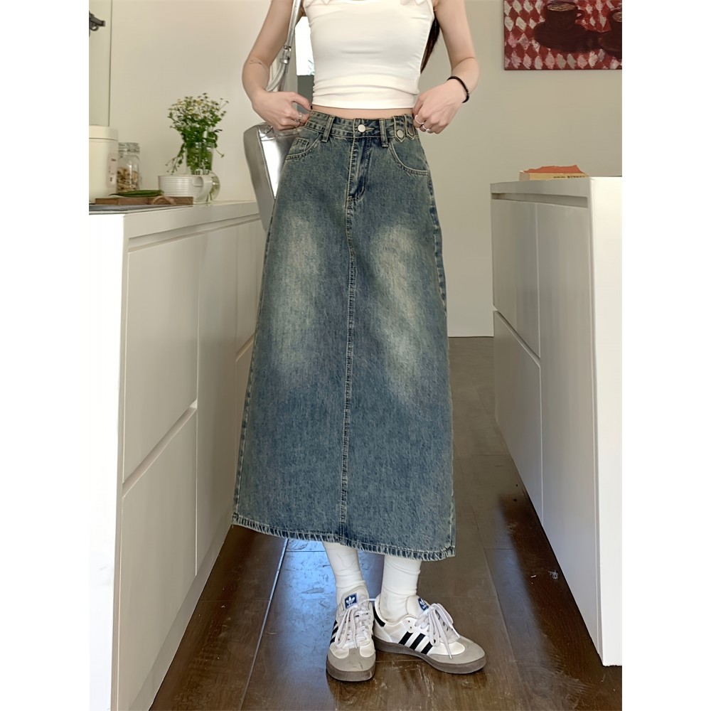 Vintage-Inspired High-Waist Split A-Line Denim Midi Skirt - Slimming, Casual Style with Button Detail, Machine Washable