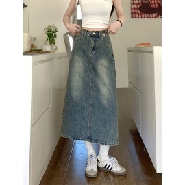 Vintage-Inspired High-Waist Split A-Line Denim Midi Skirt - Slimming, Casual Style with Button Detail, Machine Washable