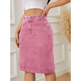 Women's Fashion Pink Denim Skirt - Cotton Blend, Medium Stretch, Solid Color, Sexy Straight Cut with Decorative Fake Buttons, Woven Fabric, Perfect for Spring/Summer/Fall