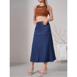 Dark Washed Women's Casual Midi Denim Skirt, Blue Jeans Style, Classic Fit