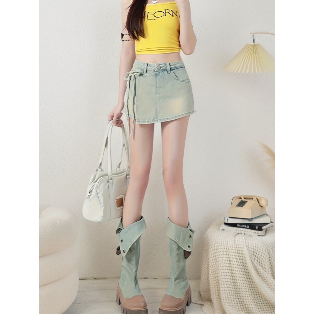 Stylish Women's Denim Skorts: Blue Tie Side Chic Skirted Shorts with Washed Effect