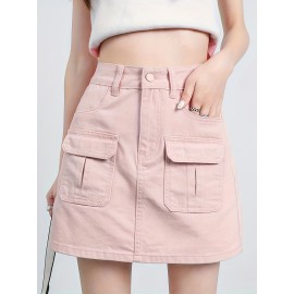 Plain Flap Pocket Cargo Denim Skirt, High Rise Versatile Hot Mini Denim Skirt, Women's Denim Jeans & Clothing