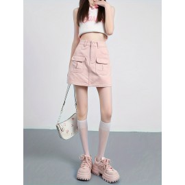 Plain Flap Pocket Cargo Denim Skirt, High Rise Versatile Hot Mini Denim Skirt, Women's Denim Jeans & Clothing