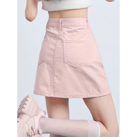 Plain Flap Pocket Cargo Denim Skirt, High Rise Versatile Hot Mini Denim Skirt, Women's Denim Jeans & Clothing