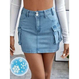 Plain Flap Pockets Cargo Denim Mini Skirt, High Stretch Double Button Washed Denim Skirt, Women's Denim Clothing