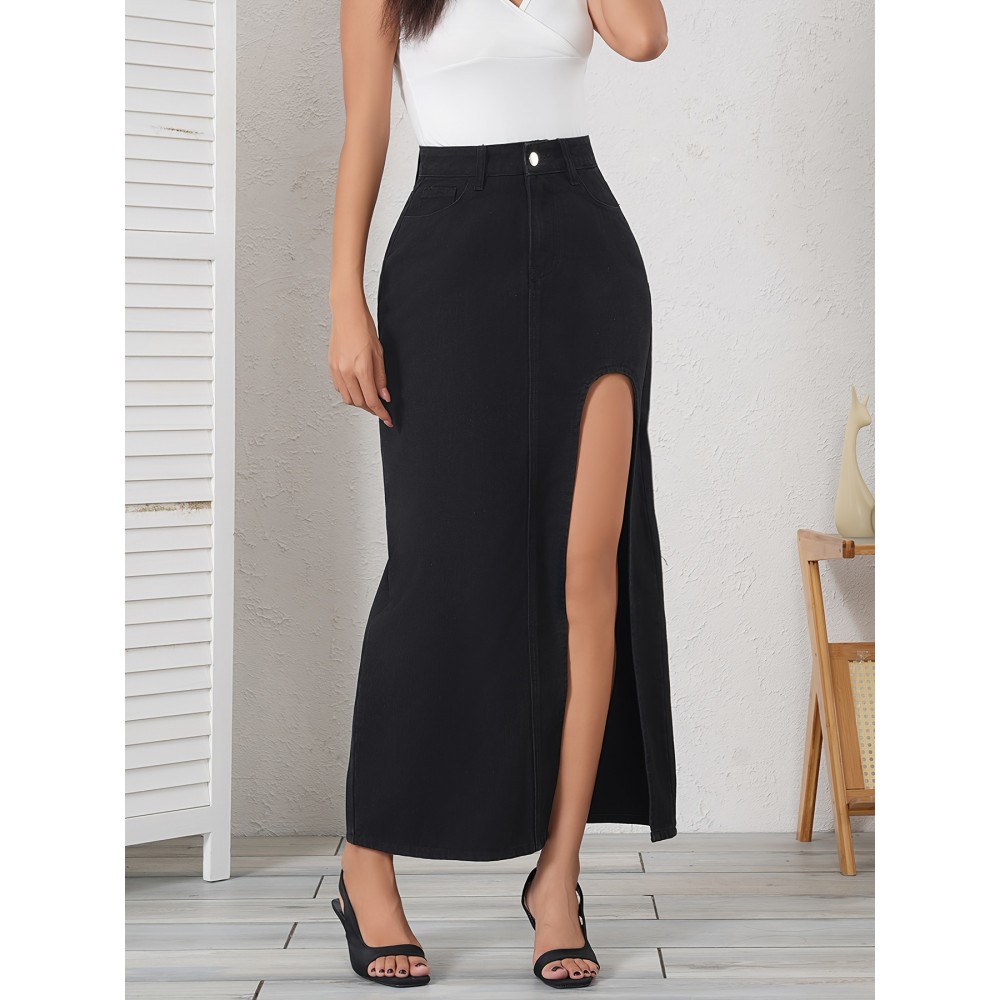 Elegant Black Denim Midi Skirt for Women - Asymmetrical, Non-Stretch, Machine Washable - Perfect for Spring/Summer/Fall Elegant Black Denim Midi Skirt for Women - Asymmetrical, Non-Stretch, Machine Washable - Perfect for Spring/Summer/Fall