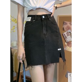 Women's Summer Causal High-Waist Denim Skirt, A-Line Jean Mini Skirt With Side Split, Frayed Hem, Casual Style