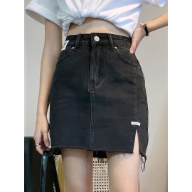 Women's Summer Causal High-Waist Denim Skirt, A-Line Jean Mini Skirt With Side Split, Frayed Hem, Casual Style