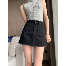 Women's High-Waisted Denim Mini Skirt, Sexy Black Color Plain Jean Skirt, Frayed Hem, Casual Summer Outfit