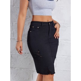 Hot Ripped High Waisted Bodycon Midi Denim Skirt, Women's Denim Jeans & Clothing