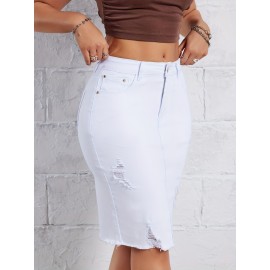 Hot Ripped High Waisted Bodycon Midi Denim Skirt, Women's Denim Jeans & Clothing