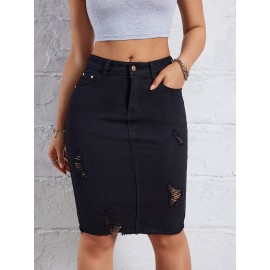 Hot Ripped High Waisted Bodycon Midi Denim Skirt, Women's Denim Jeans & Clothing