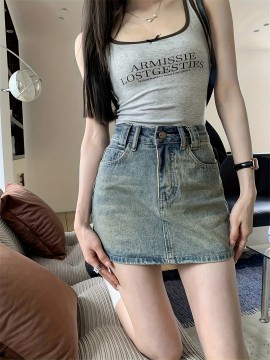 Chic High-Waist A-Line Denim Skirt with Built-In Liner - Casual, Non-Stretch, Machine Washable - Summer Fashion for Women