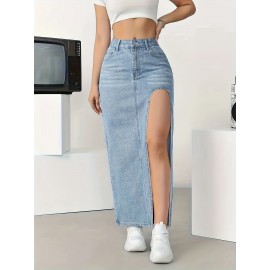 Split Side Whiskering Light Washed Blue Casual Style Stretchy Maxi Denim Skirt, Women's Denim Jeans & Clothing