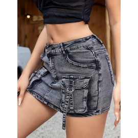 Women's Elegant Vintage Grey Denim Mini Skirt With Flap Pockets, Zipper Button Closure Cargo Denim Skirt