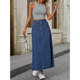 Plain Washed Blue Button Fly Casual Style A-line Maxi Denim Skirt, Women's Denim Jeans & Clothing