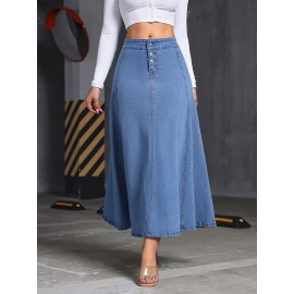 Comfy Stretchy Maxi Denim Skirt - Soft Washed Blue, Single-Breasted, Flattering Fit, Women's Denim Jeans & Clothing, Perfect for Casual Daily Wear, Versatile and Chic