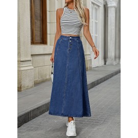 Single-breasted Plain Washed Blue Denim Skirt, Elegant High Rise Maxi Denim Skirt, Women's Denim Jeans & Clothing