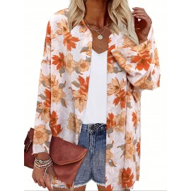 Floral Print Button Up Shirt, Vacation Lapel Neck Long Sleeve Loose Shirt, Women's Clothing