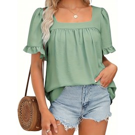 Vibrant Solid Color Square Neck Short Sleeve Blouse - Ruched Bust, Micro Elasticity, Machine Washable - Perfect for Mature Womens Casual Summer Clothing