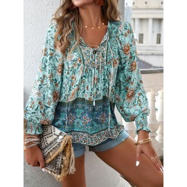 Floral Print V Neck Blouse, Casual Drawstring Long Sleeve Blouse For Spring & Fall, Women's Clothing