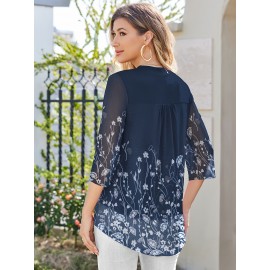 Women's 3/4 Sleeve V Neck Shirts Floral Casual Tunic Tops Double Layers Mesh Blouse Work Casual Top