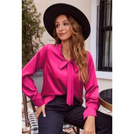 Women's Satin Silk Long Sleeve Blouse with Bow Tie Neck Office Work Wear Elegant Tops