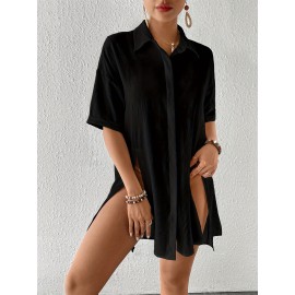 Women's Short Shirt Ice Silk Wrinkled Polo Neck Solid Color Button Elegant Casual Shirt