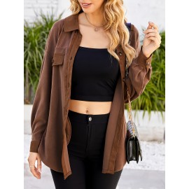 Drop Shoulder Button Front Shirt, Casual Long Sleeve With Pocket Shirt For Spring & Fall, Women's Clothing